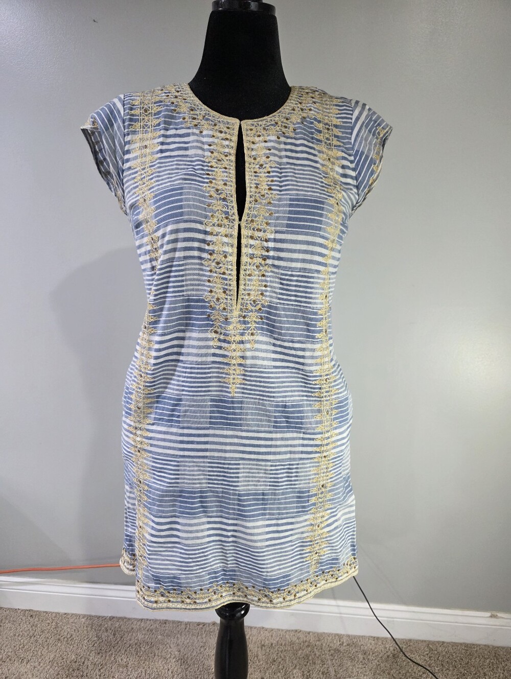 Calypso St. Barth Luxe Striped Embroidered Cotton Tunic Mini Beach Dress. S